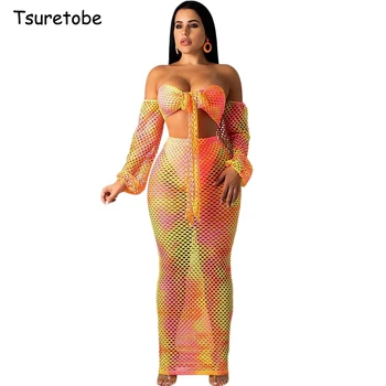 

Tsuretobe Sexy Perspective Hollow Out Two Piece Set Off Shoulder Women Bandage Strapless Crop Top And Long Skirts Lantern Sleeve