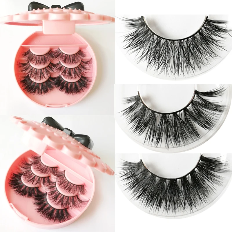 3pairs a lot mink lashes make up pink box natural style mink hair