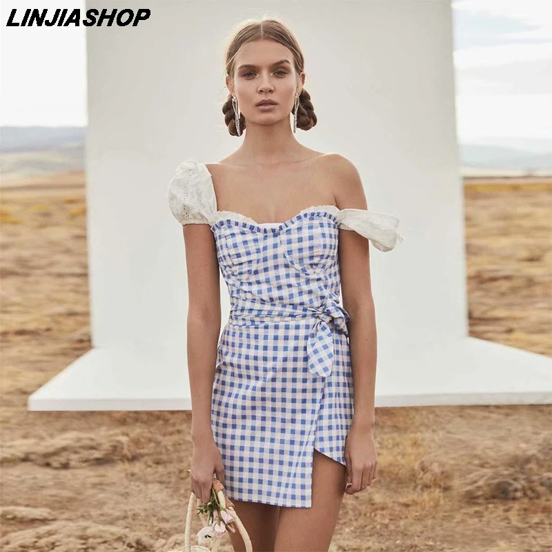 

Vintage blue slash neck strapless summer dress women sashes zipper asymmetrical split mini plaid dress for love new arrivals