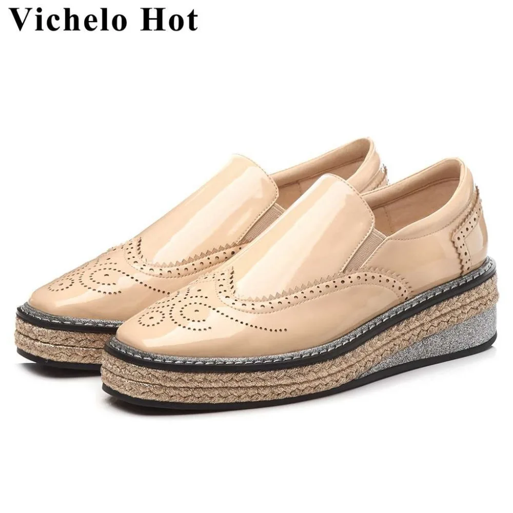

Vichelo Hot straw decoration slip on concise style British school square toe med heels carving breathable dress women pumps L23