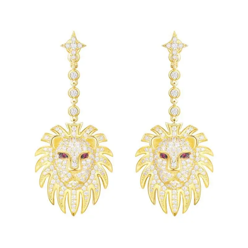 

# [MeiBaPJ]Real 925 Sterling Silver Personality Golden Lion's Head Earrings for Women with AAA High Quality Stone Fine Jewelry