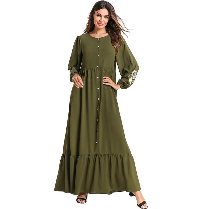 

Middle Eastern Muslim long-sleeved dress button front open breastfeeding skirt mother dress embroidered folds stitching dress