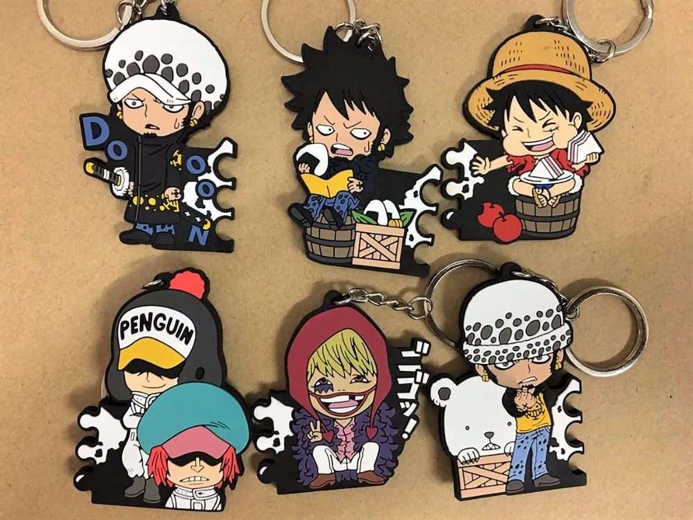 

6pcs/lot One Piece Luffy Ace Nami Sabo Boa Hancock Zoro Chopper Trafalgar Law Japanese Anime rubber keychain strap G686