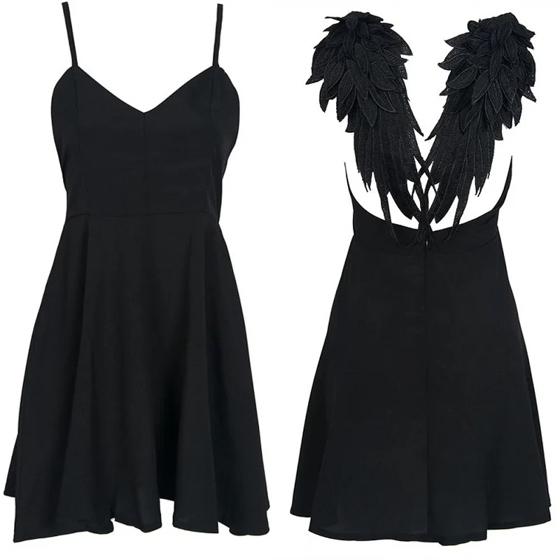 Женское летнее платье с вышивкой,, темные крылья ангела, готическое, vestidos de festa, с открытой спиной, черное, белое, сексуальные, вечерние, Клубное платье xs