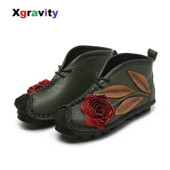 

Xgravity 2020 Fashion Flower Design Round Toe Pure Ethnic Flat Shoes Vintage Genuine Leather Women Flats Girl Loafer Female C136