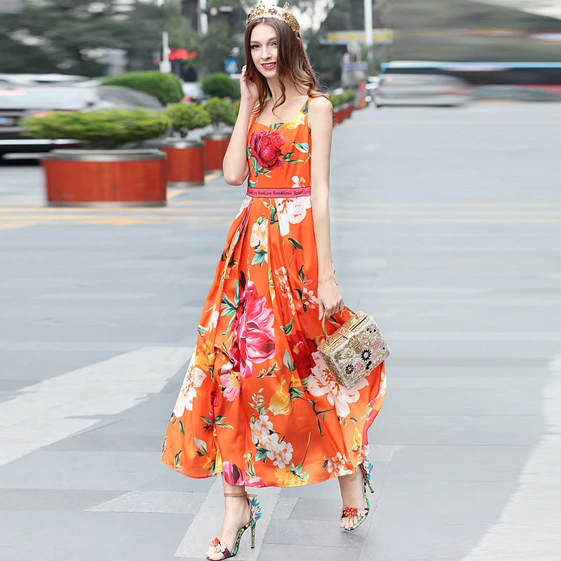 

XF 2018 Spring Fashion Designer Runway Summer Women'S Bohemian Strap Wrapped Chest Diamond Rose Print Long Slim Dress