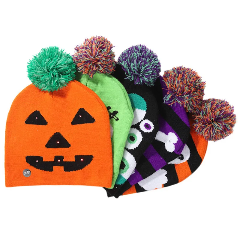 

Glowing Halloween Party Knit Hat Ghost Pumpkin Skull LED Halloween Hat Luminous Knitted Hat Party Supplies Stretchy Pumpkin Hat