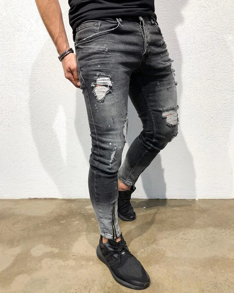 New Men Ripped holes jeans Zip skinny biker jeans black jeans with Pleated patchwork slim fit hip hop jeans men pants