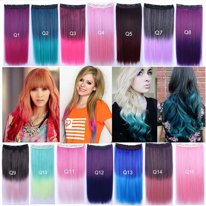 5Clips Clip In Hair Extension Straight 24 60cm 110g  Rainbow Ombre 14Colors Available Kanekalon Synthetic Hair Hairpieces Slice