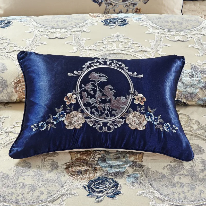 Cotton Flat sheet Bed Spread Duvet Cover Pillowcases Blue Jacquard Luxury Bedding Set 9