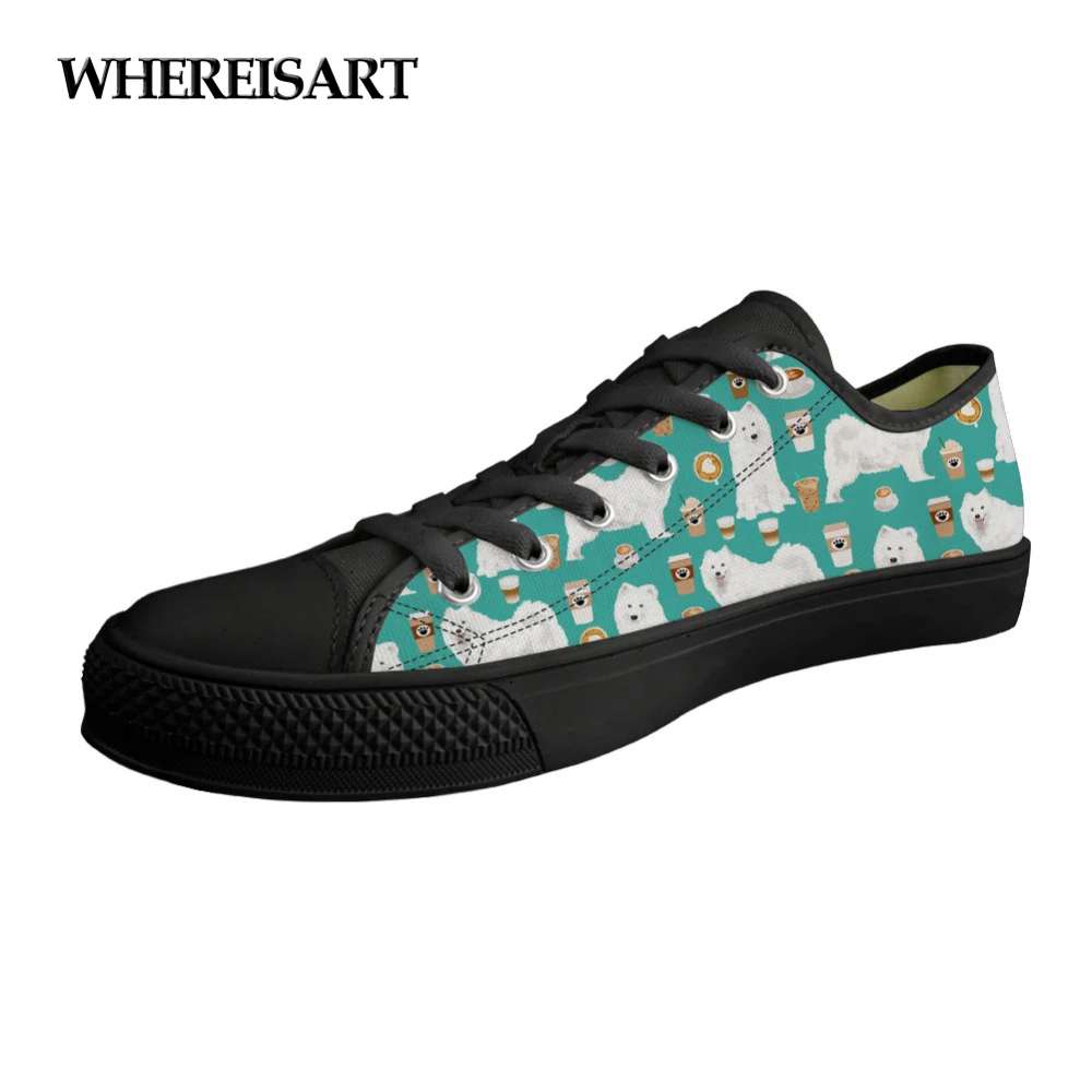 

WHEREISART Lacing Women Canvas Shoes Cute Cartoon Samoyed Animals Pattern Boys Low Top Vulcanize Sneakers Male Casual Flats