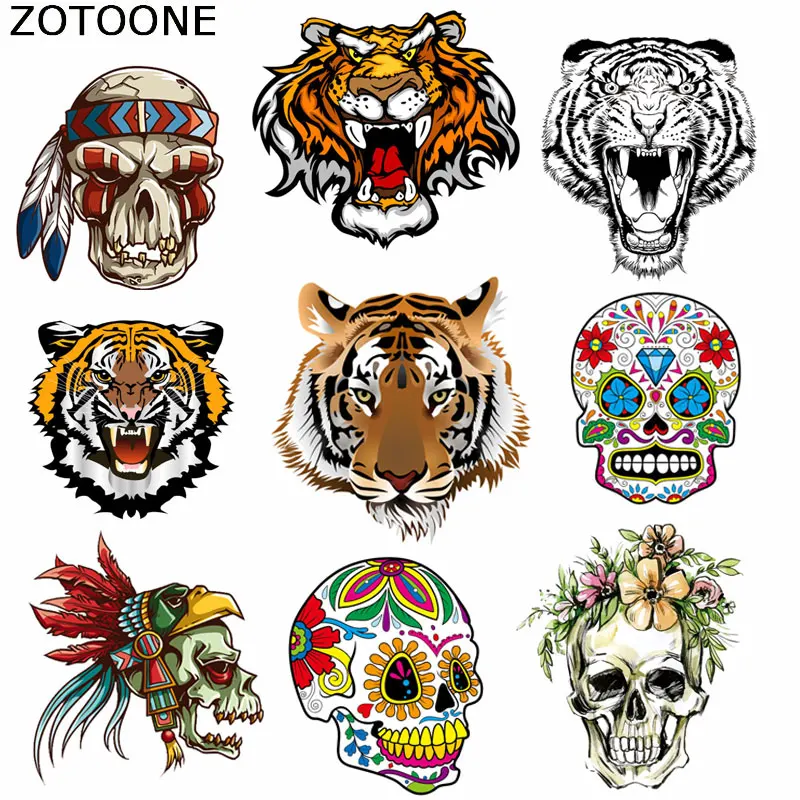 

ZOTOONE Iron on Transfer Patches Cool Tiger Skull Patches Washable Clothing Deco Diy Accessory Badges Appliqued Irons for Kids C