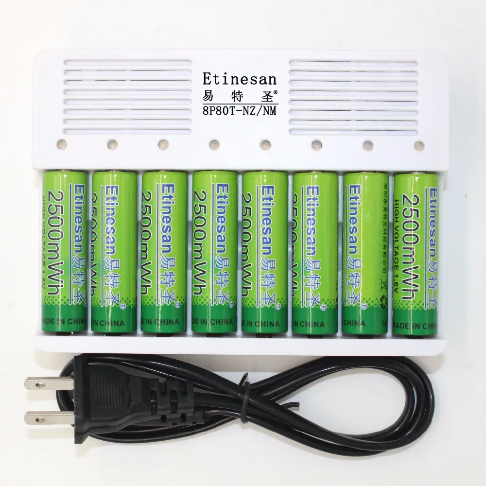 Etinesan 8pcs aa 1.6v Ni NZ rechargeable battery+8ports AA AAA Ni Zn
