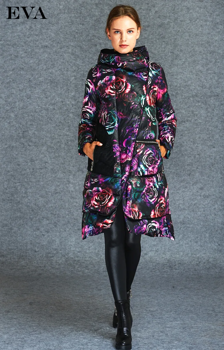 Европейская мода, зимняя куртка с принтом, Женское пальто,, неровная прострочка, с капюшоном, пуховик для девочек, длинная секция, Толстое Зимнее пальто