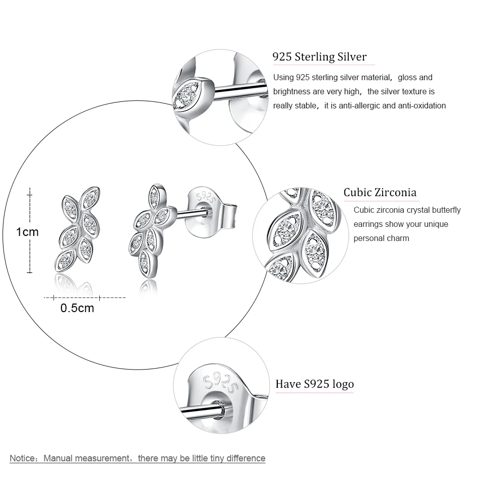 ELESHE Shiny 925 Sterling Silver Crystal Earrings Cubic Zirconia Leaf Stud Earrings Wedding Jewelry for Women