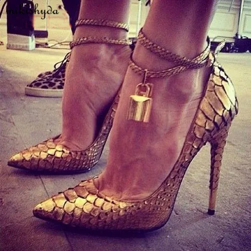 

Luxury Bling Ankle Metallic Lock Decor Women Dress Pumps Gold Snake Leather Sexy Pointy High Heels Dress WOMEN 35- 45