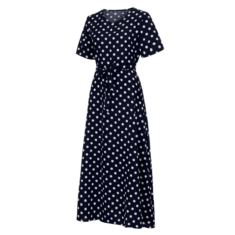  New Women Summer Vintage O-Neck Short Sleeve Beach Polka Dot Bandage Long Maxi Dress Sexy Elegant Lady Holiday New Dress #4R08 (23)