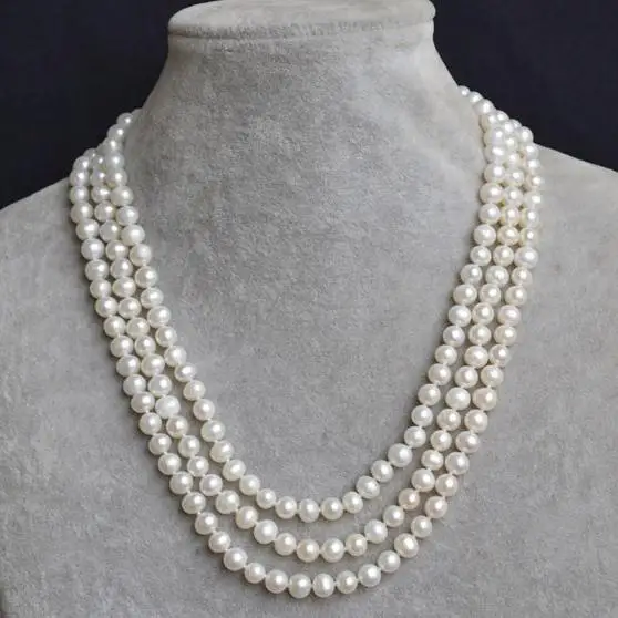 White Color Real Freshwater Pearl Necklace Triple Strand Pearl Jewelry