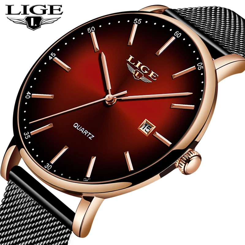 Мужские часы Reloj Hombre LIGE модные брендовые Роскошные Кварцевые с сеткой из стали и