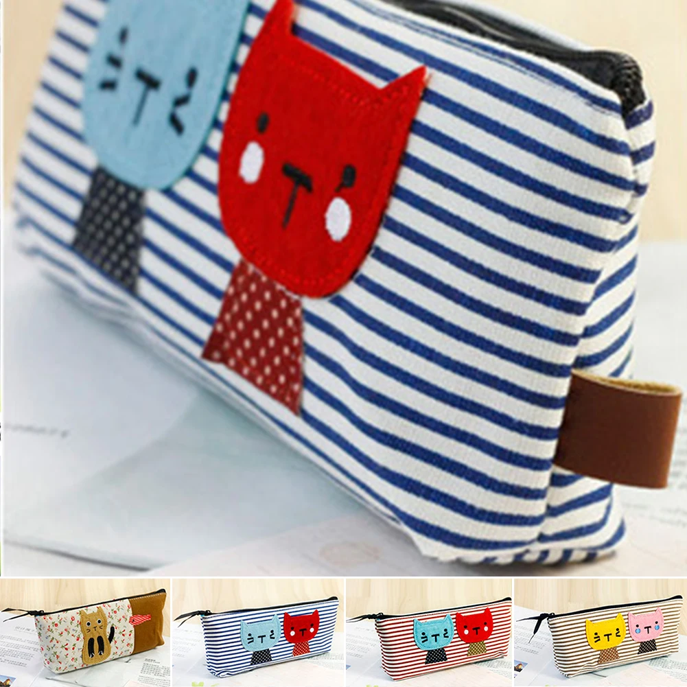 Милая сумка-Органайзер для кистей в полоску с рисунком кота из мультфильма, школьный детский чехол-карандаш, сумка для ручек, сумка для канцелярских принадлежностей