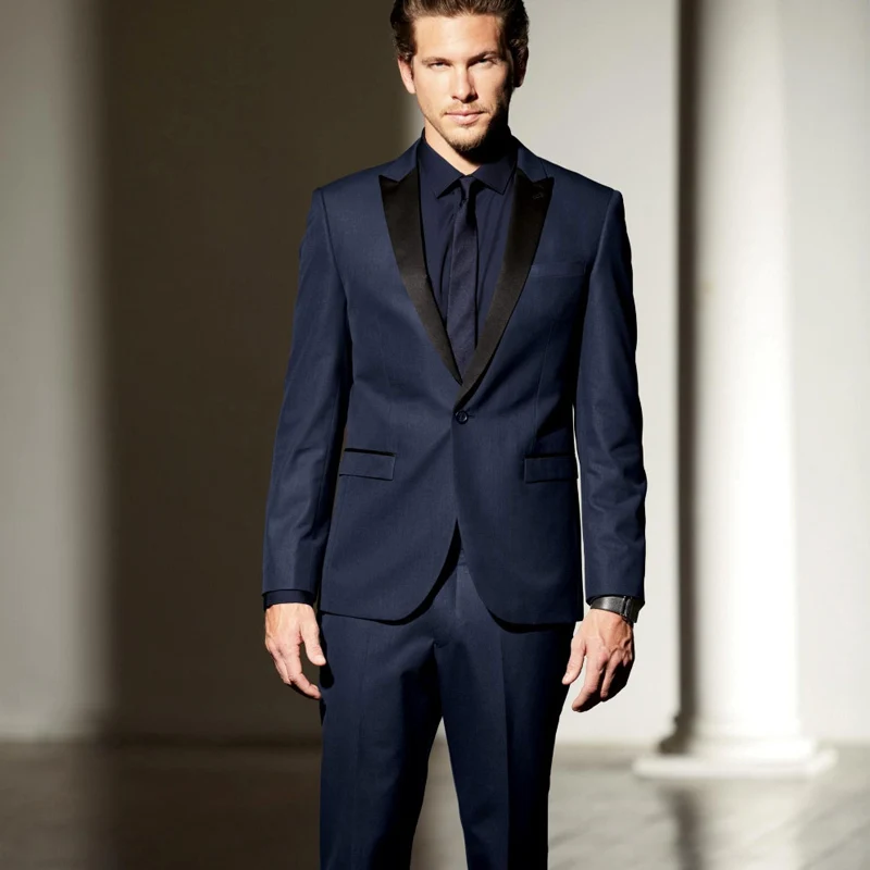 

2018 Navy Blue Business Formal Men Suits Peaked Lapel Two Piece Jacket Pants Custom Made Suits ( Jacket + Pants )