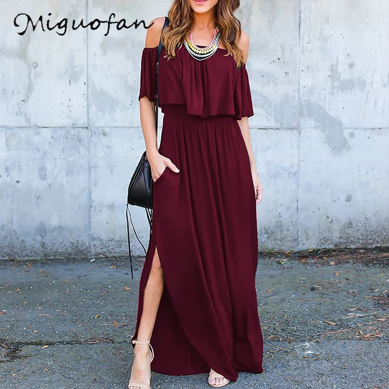 

Miguofan Off Shoulder Summer Dresses Women Draped Pleated Maxi Dress Elegant Split Pocket Loose Cotton Long Beach Dress 2019
