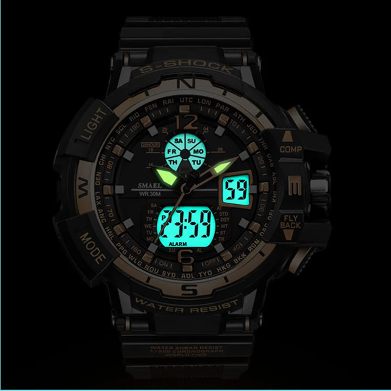 Ceny Mężczyzna sporta zegarek wodoodporny Shock Resitant marka smael luksusowe męska Wrist Watch S Shock 1376 cyfrowy zegar LED męskie zegarki złota