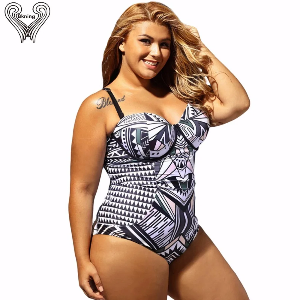

Geometric Print Bikini Plus Size Swimsuit Large One Piece Swimwear Big Swimsuits Women Extra Large Push Up Bodysuits H231