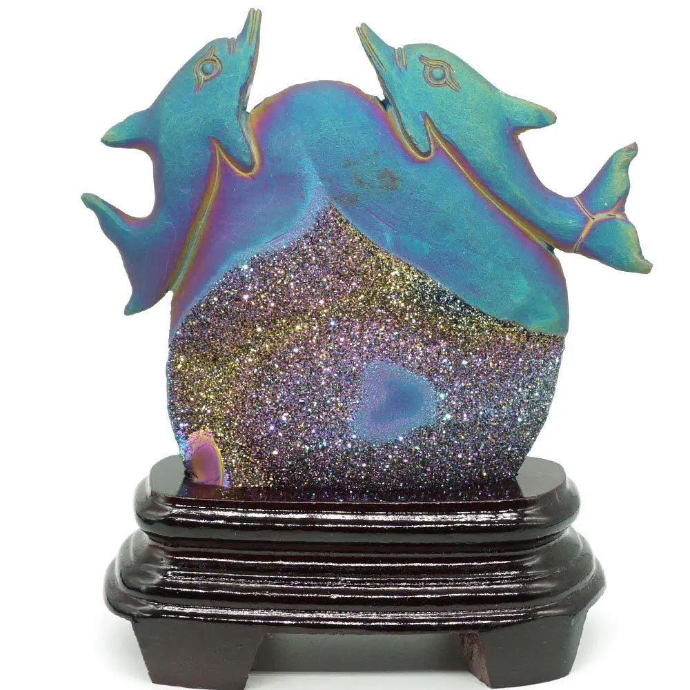 

5.6" plated Geode Agate Dolphin Hand Carved Animal Statue Home Office Decor Gif