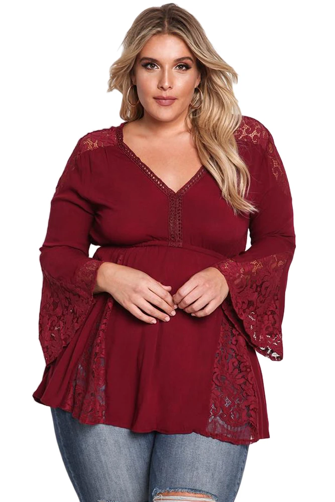 Burgundy-V-Neck-Lace-Insert-Bell-Sleeves-Babydoll-Plus-Top-LC250871-3-1