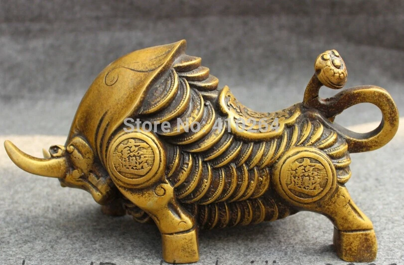 

10" China Bronze Wealth Coin JiXiang RuYi Bull Ox Statue Animals Sculpture