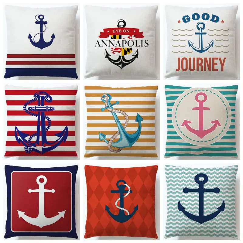 

Colorful Printed Cotton Linen Cushion Cover Anchor Pattern Marine Ship Throw Pillow Case Decorative Pillowcase Cojines Almofadas