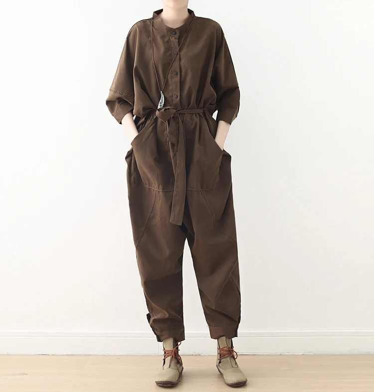 

New Original 2019 New Spring Literary and Artistic bodysuit Women Retro Solid BF Jumpsuits Women's Wear Slim Overall With Belt