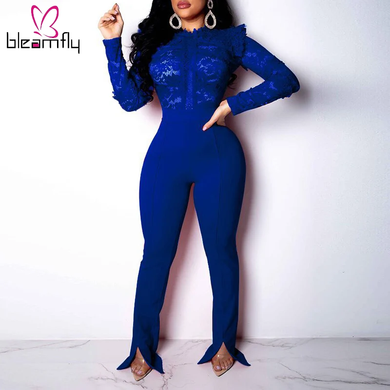 

New Fashion Lace Jumpsuits Sexy Women Ruffles Jumpsuits Full Length Blue Mesh Bodycon Club Rompers Party Jumpsuit Dropship