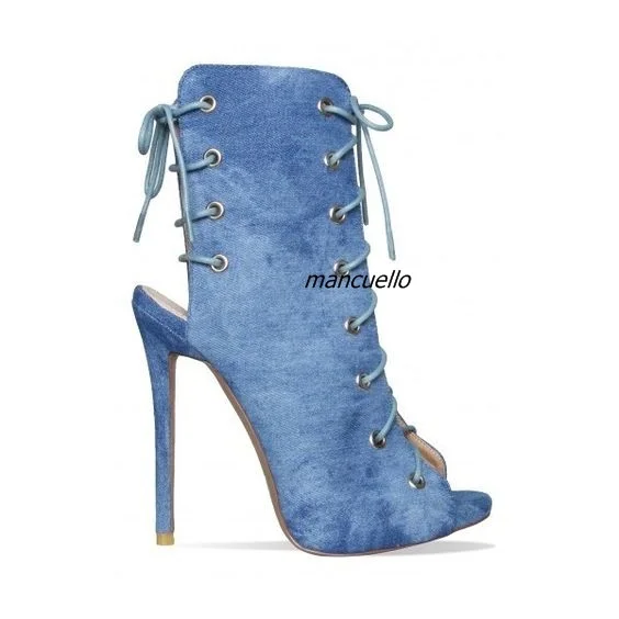 

New Stylish Design Light Blue Denim Booties Fancy Jeans Peep Toe Stiletto Heel Lace Up Dress Sandals Trend Fashion Shoes