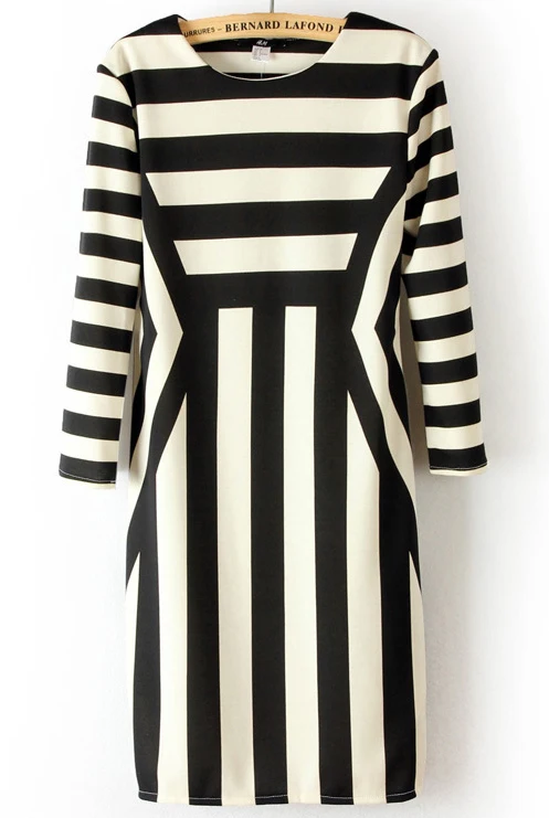 Free Shipping! 2014 New Fashion Women Hot Sale High Quality Black White Long Sleeve Asymmetrical Striped Dress | Женская одежда