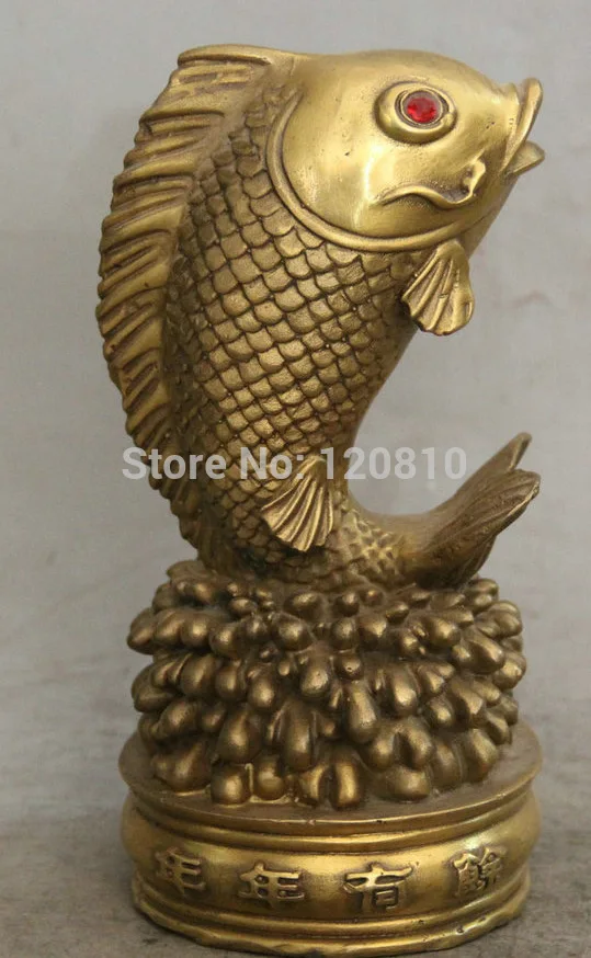 

EE@@++AA 8" Chinese Brass Folk Animal Year by year enough Fish barracuda sculpture Statue