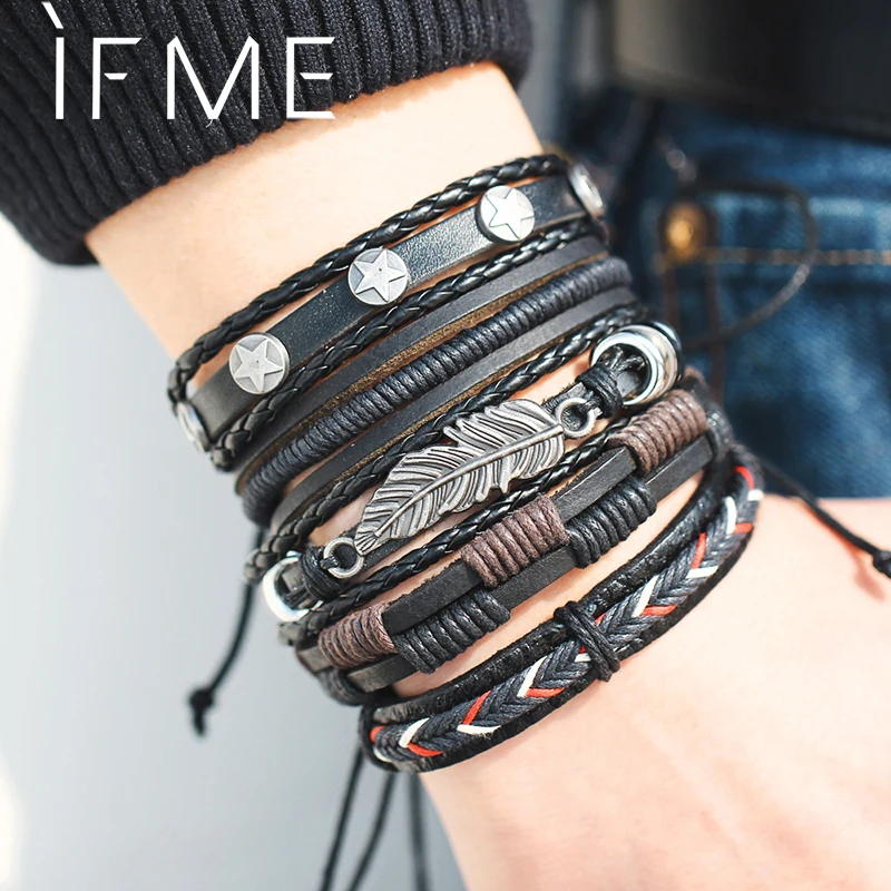 Best buy ) }}IF ME Vintage Leaf Feather Multilayer Leather Bracelet Men Fashion Braided Handmade Star