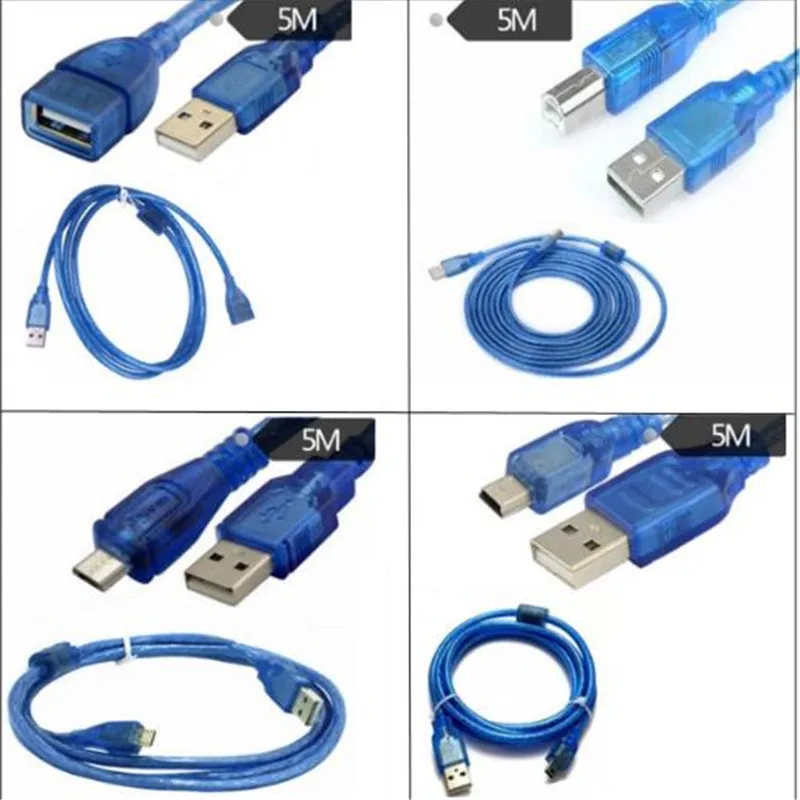 

10pcs/ USB transparent blue Print line USB male to female mobile computer data cable with shield with magnetic ring 5 meters