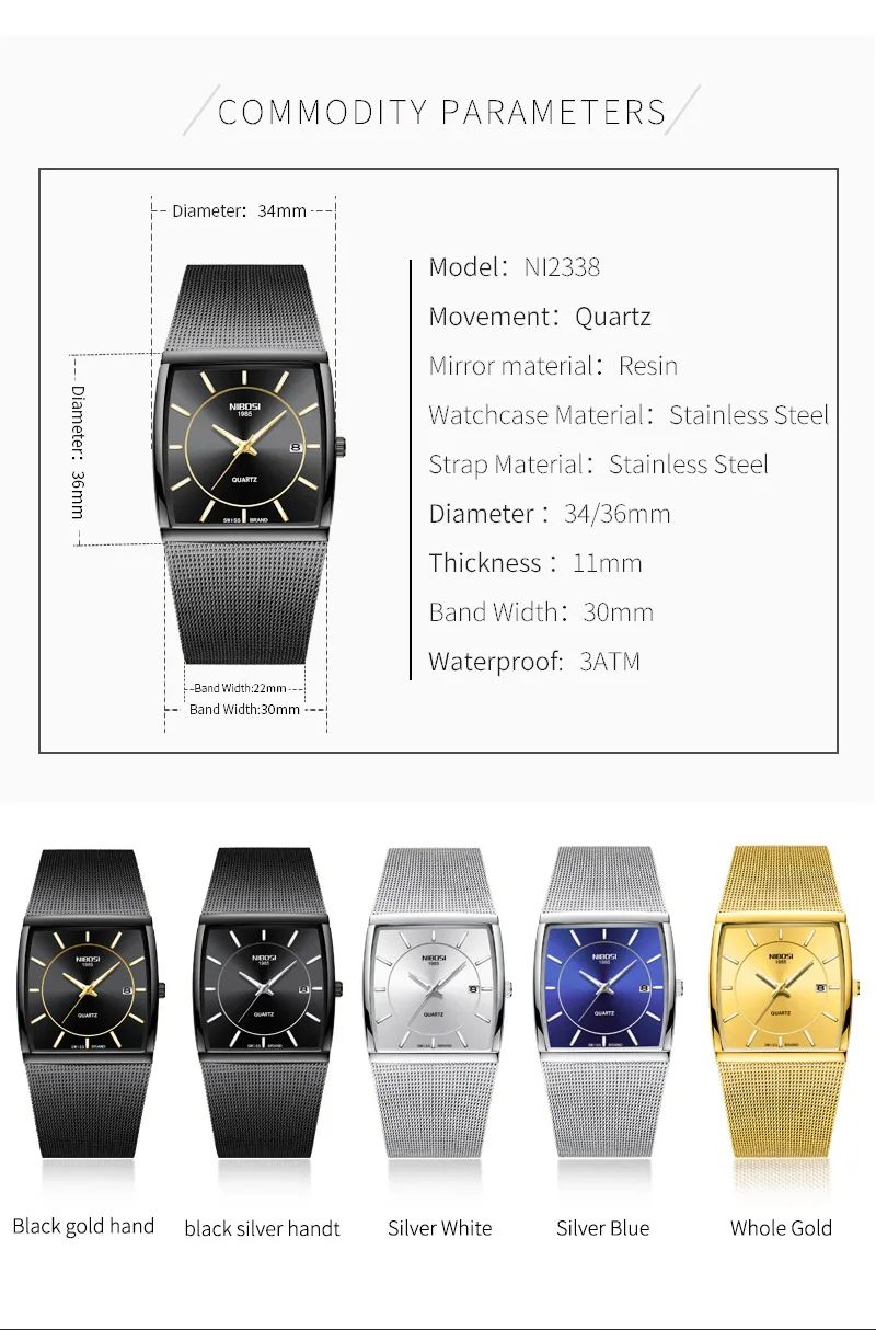 Factory Direct Sales Luxury Luminous Men's Waterproof Watch NIBOSI Quartz European Style Unique New Square Stainless Steel Watch (6)