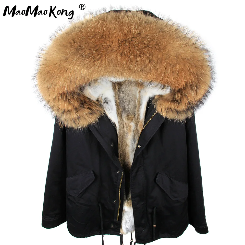 MAOMAOKONG, зимнее пальто, черный натуральный Лисий мех, воротник, шерсть, натуральный мех кролика Рекс, подкладка, куртка, отстегивается, тонкое короткое пальто