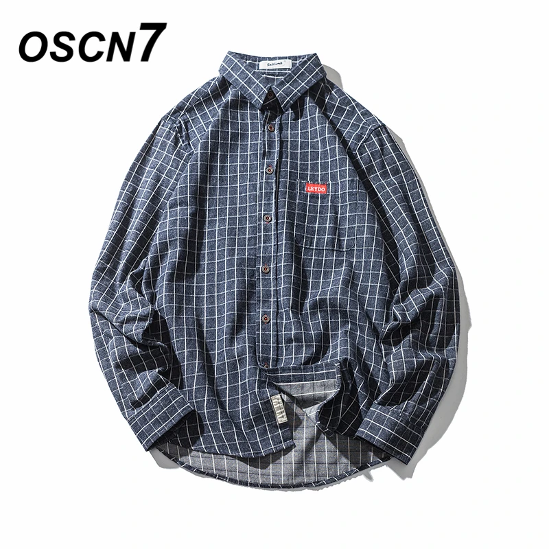 

OSCN7 Blue Casual Plaid Shirt Men 2019 Spring New Grey Fashion Streetwear Men Shirt Camisa Masculina Cotton Flannel Shirt Dress