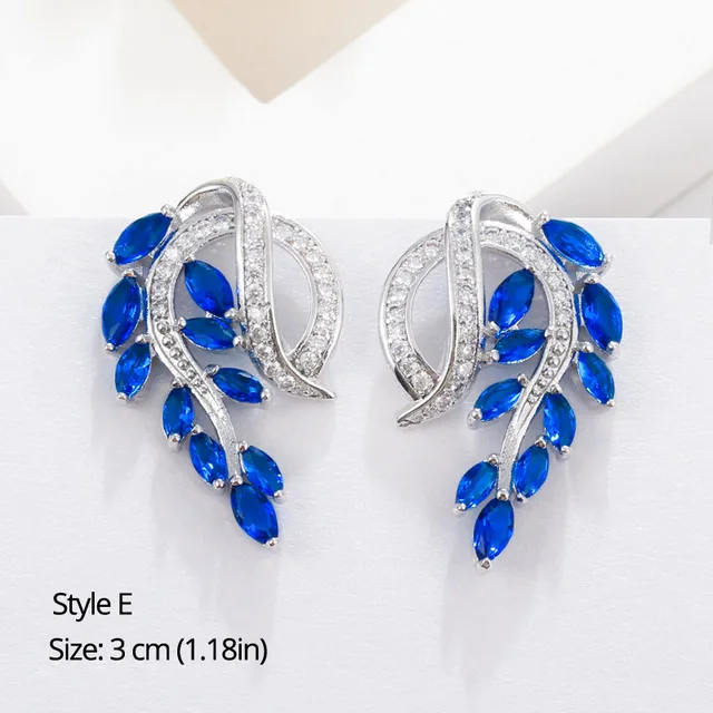 BeaQueen Leaf Flower Teardrop Cubic Zircon Royal Jewellery Big Dark Blue CZ Crystal Long Dangle Wedding Earrings for Women E293 Style E