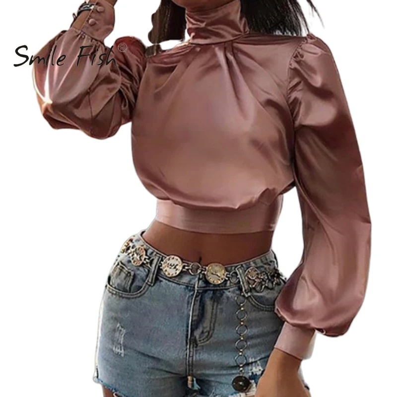 

Satin Autumn Women Blouses Tops Shirts Club Party Sexy Backless Bowknot Short Crop Top Lantern Sleeve Turtleneck Pink GV617
