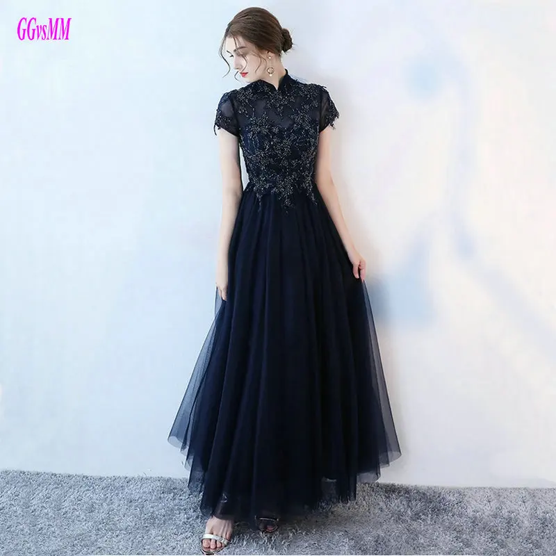 Unique Dark Navy Evening Dresses Long 2019 New Sexy Black Party Evening Gowns High-Neck Tulle Beading Formal Dress High Quality