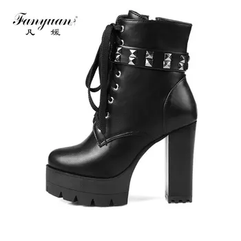 

fanyuan Fashion Rivet belt buckle Ankle Boots Platform High Heel Motorcycle boots Female Zipper Lace Up Short Boots Women Shoes