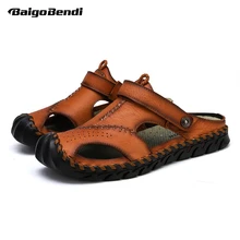 Big Size 6-12 Fisherman Close Toe Slippers Outside Man Summer Real Leather Sport Sandals Nonslip Beach Shoes