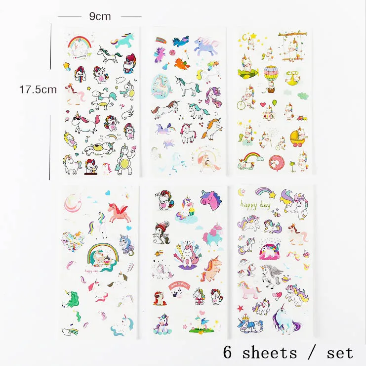 XCVBN Fashion Cartoon Unicorn Stickers for Girls Boys Children Notebook PVC Stickers Decoration Toy Gifts for Kids 6 Sheets
