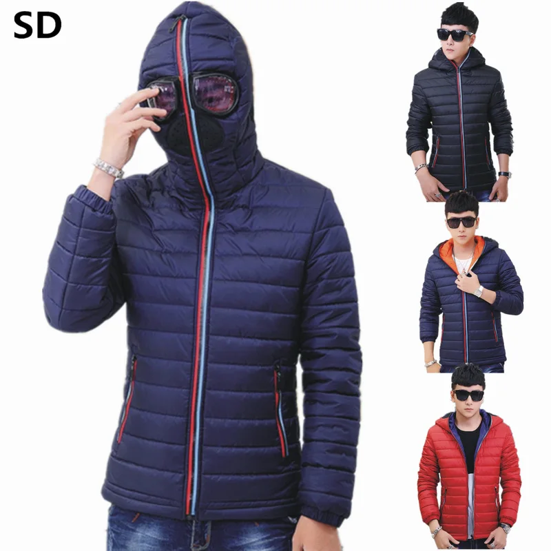 

2019 Men's Coat High Quality Menswear Windbreaker Zipper Coats Thick Warm Solid Color Parka Men Hooded Jackets With Glasses 1097