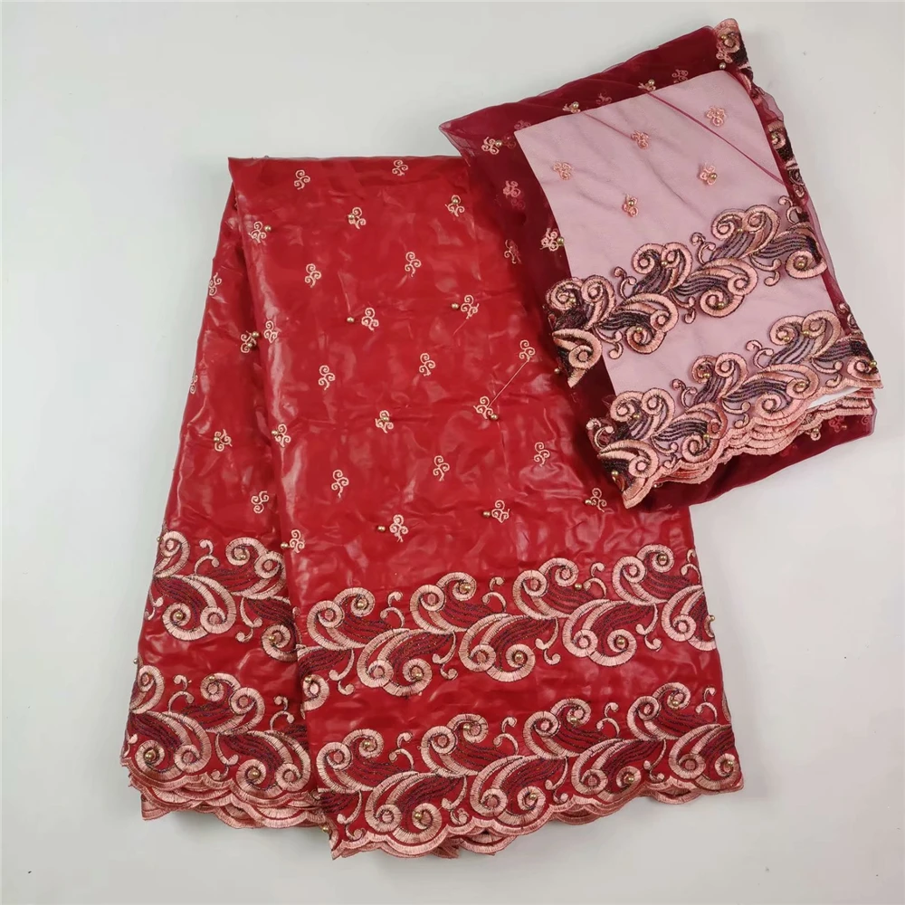 

red 5+2yards/set African Garment 2018 Bazin Riche Getzner headtie and african net lace fabric african guinea brocade fabric